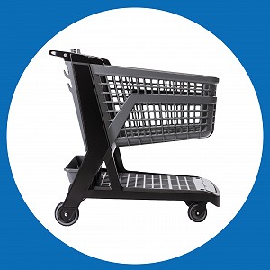 A side angle of a black and grey Bemis Manufacturing cart.