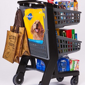 Reusable shopping bags hang on the hooks on the side of a Bemis cart.
